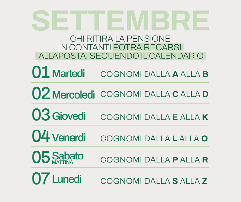 Pensioni settembre 2026, il calendario dei pagamenti